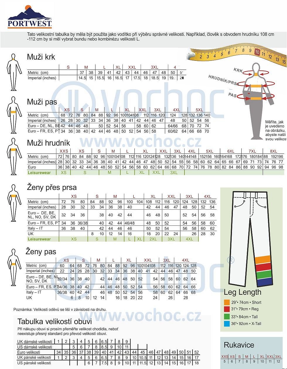 Velikostní tabulka PORTWEST